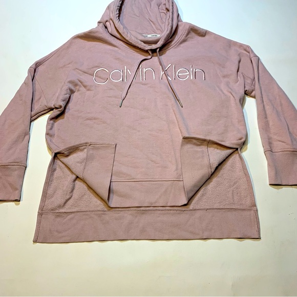 Calvin Klein Women's Large Cowl Neck Sweater Pink Drawstring Logo Spellout - Picture 2 of 8